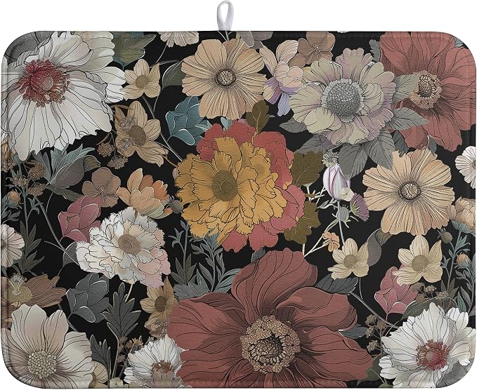 Spring Boho Floral Dish Drying Mats Spring Summer Vintage Flowers Dish Mat Farmhouse Drying Matt Dishes Dryer Pad for Kitchen Counter Absorbent Microfiber Washable Foldable Reusable 18x24 in