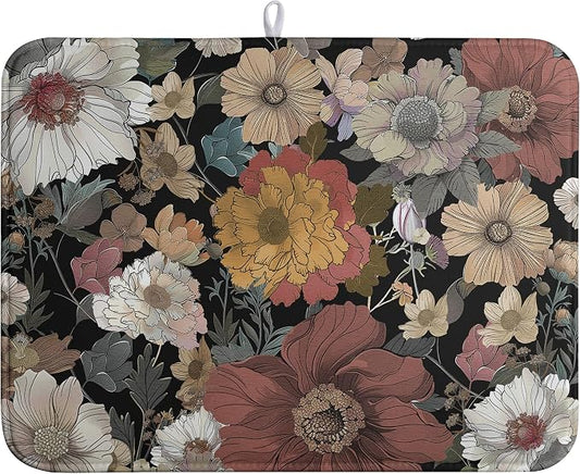 Spring Boho Floral Dish Drying Mats Spring Summer Vintage Flowers Dish Mat Farmhouse Drying Matt Dishes Dryer Pad for Kitchen Counter Absorbent Microfiber Washable Foldable Reusable 18x24 in