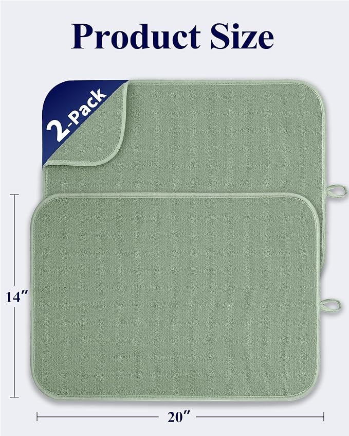 Kitsure Dish Drying Mat - 2-Pack Washable Microfiber Drying Mat for Kitchen Counter, 3-Layer Ultra Absorbent Pad with a Hanging Hook, 20" x 14", Green