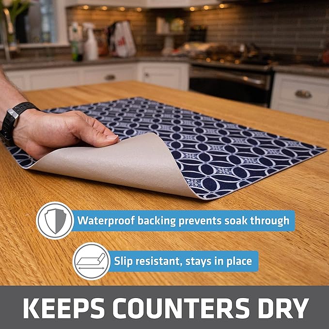Drymate Jumbo XL Dish Drying Mat (19”x24”), Low-Profile, Super Absorbent, Quick Dry Fabric, Waterproof & Slip-Resistant, for Kitchen Counter, Trimmable, Easy to Clean (USA Made)(Indigo)