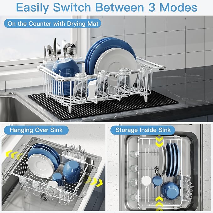 JASIWAY White Dish Drying Rack in Sink with Mat, Expandable Stainless Steel Dish Drainers for Kitchen Counter, Space Saving Dish Dryer for Inside Sink, Over Sink Dish Racks with Utensil Holder