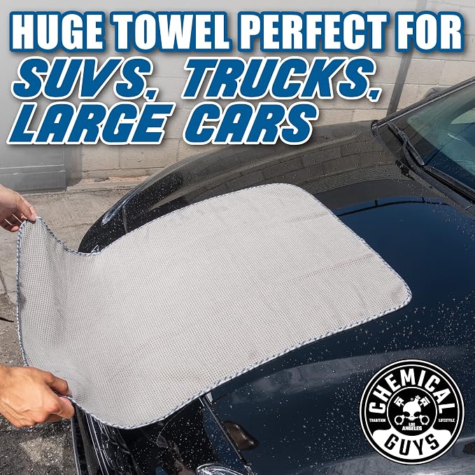 Chemical Guys, Waffle Weave Gray Matter Microfiber Drying Towel, 25 x 36 in | Waffle-weave towel with soft-banded edges soaks up sheeting water for a fast, scratch-free dry on paint and glass.