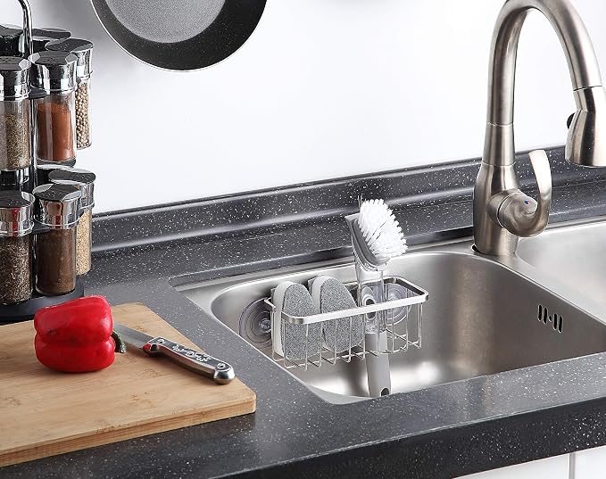 SunnyPoint NeverRust Deluxe Kitchen & Bathroom Sink Sponge Holder Organizer with Adhesive Mount - Additional Suction Cup Included – Sponge & Brush NOT Included – 7.4 x 3.3 x 2.75 Inch (Pack of 2)