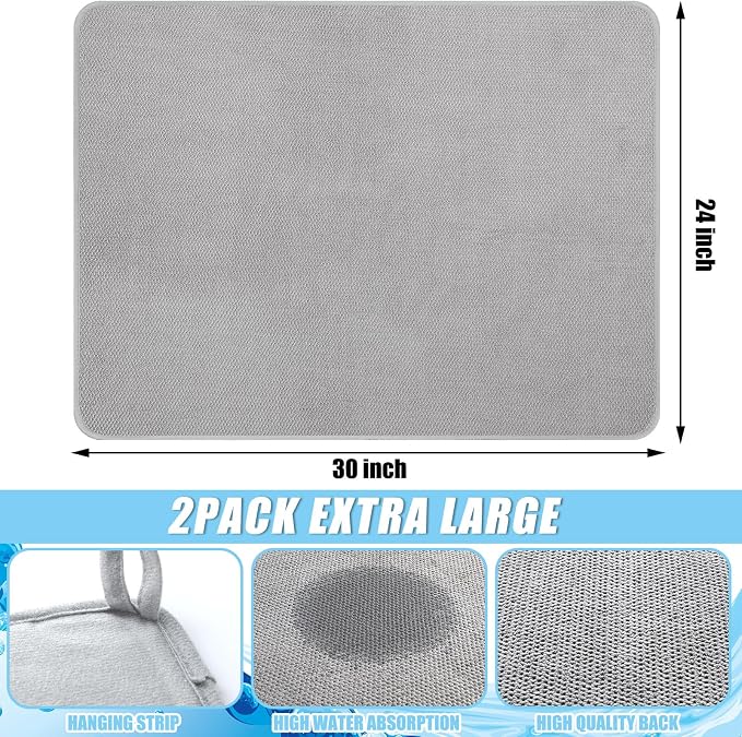 Hushee 2 Pack Extra Large Dish Drying Mat Microfiber Absorbent Dish Drying Pad Large Size Dishes Drainer Mats for Countertop, Sink, Refrigerator or Dryer (30 x 24 Inch,Gray)