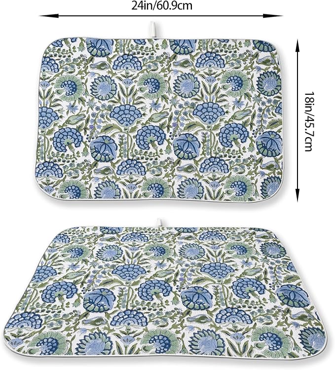 Boho Navy Blue Sage Green Dish Drying Mat 18x24 Inch Vintage Floral Drying Mat Chinoiserie Flower Spring Summer Absorbent Dish Drying Pad Dish Rack Drainer Mats for Kitchen Dining Counter
