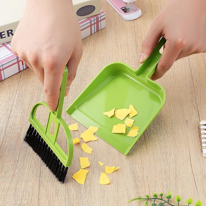 SEWACC 6 Sets Mini Broom and Dustpan Set, Small Brush and Shovel Combination for Desktop Cleaning, Home Office Use, Green Plastic
