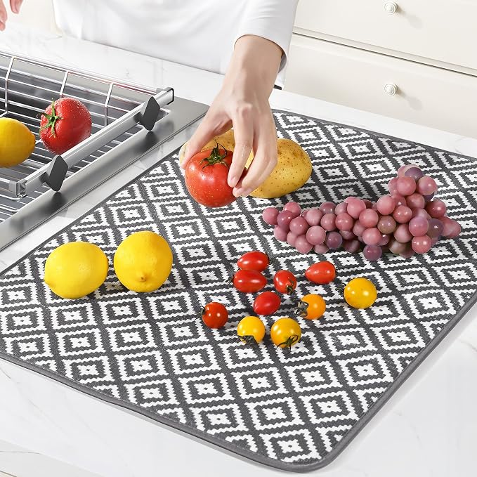 Subekyu 2 Pack Dish Drying Mat, 24*18 inch Ultra Absorbent Microfiber Dishes Drainer Mats for Kitchen Counter, Large Size Dish Drying Pad with Rhombus patterns
