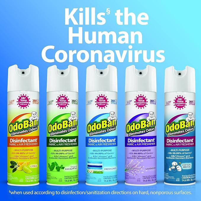 OdoBan Ready-to-Use 360-Degree Continuous Spray Disinfectant and Harsh Aroma Eliminator, Fabric and Air Freshener, 3 Pack, 14.6 Ounces Each, Fresh Linen Scent