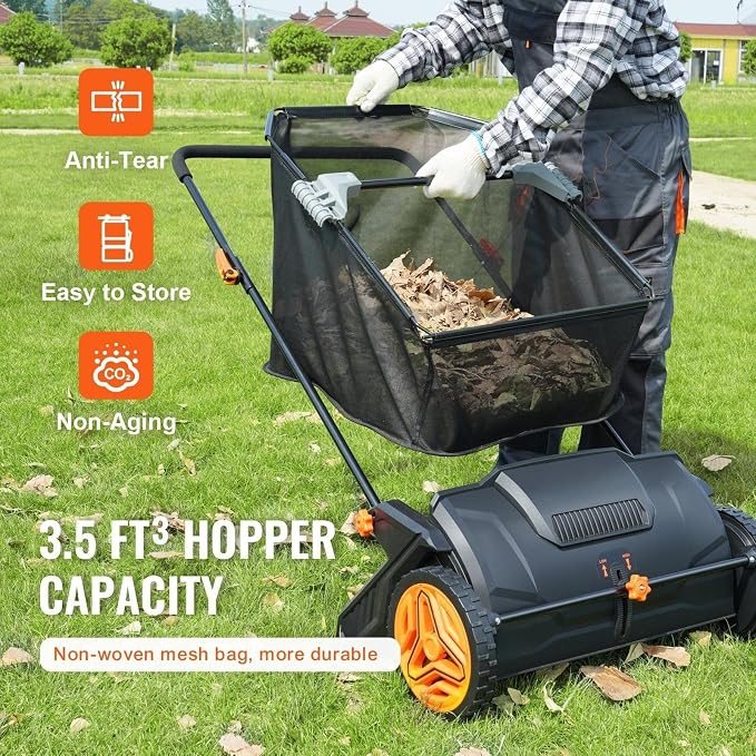 Push Lawn Sweeper, 21-inch Leaf & Grass Collector, Strong Rubber Wheels & Heavy Duty Thickened Steel Durable to Use with Large Capacity 3.5 cu. ft. Mesh Collection Hopper Bag, 2 Spinning Brushes