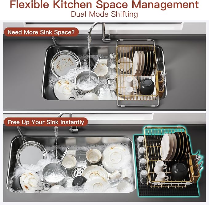 JASIWAY Gold Dish Drying Rack in Sink with Mat, Expandable Stainless Steel Dish Drainers for Kitchen Counter, Space Saving Dish Dryer for Inside Sink, Over Sink Dish Racks with Utensil Holder