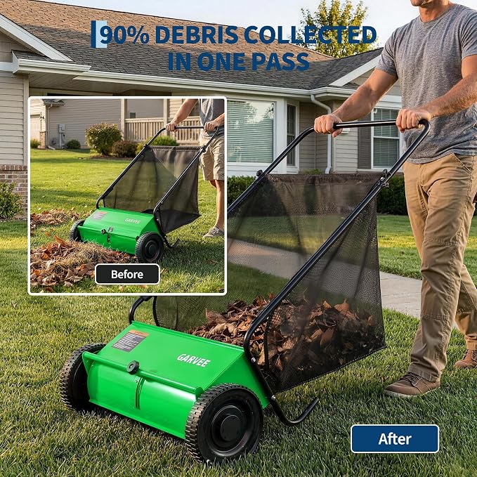 Garvee Push Lawn Sweeper, 26" Leaf & Grass Collector with 7Cu.ft Hopper Bag | Heavy Duty Yard Sweeper with Clear Dust Cover & Large Collection Bag for Leaves, Grass Clippings, for Lawn Yard Cleanup
