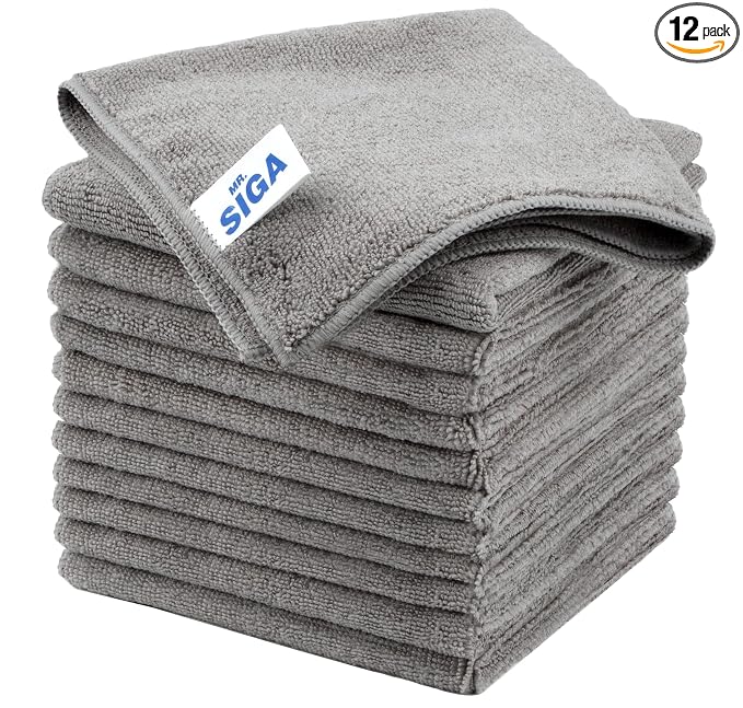 MR.SIGA Microfiber Cleaning Cloths, Streak Free Microfiber Towels, 12 Pack | All-purpose microfiber cloths, ultra absorbent, reusable household cleaning towels, Gray, 32 x 32 cm(12.6 x 12.6 inch)
