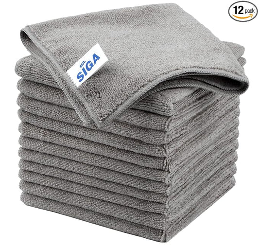 MR.SIGA Microfiber Cleaning Cloths, Streak Free Microfiber Towels, 12 Pack | All-purpose microfiber cloths, ultra absorbent, reusable household cleaning towels, Gray, 32 x 32 cm(12.6 x 12.6 inch)