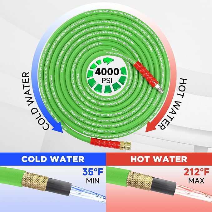 PWACCS Pressure Washer Hose 50 FT, 3/8" Kink Resistant Steel Braided Hoses | Power Washer Hose, Quick Connect with M22 14 Fittings, Cold/Hot Water, 4000 PSI
