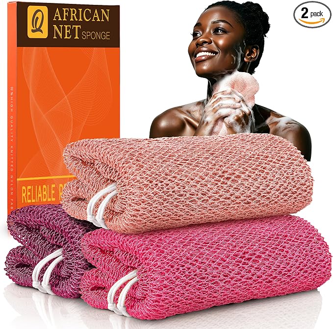 UJFQBH African Net Sponge Authenti, Exfoliating Body Scrubber for Back and Hard to Reach Areas, Gentle Daily Exfoliation for Deep Cleansing, Quick Drying Shower Essential, Berry Pink 3 Pack