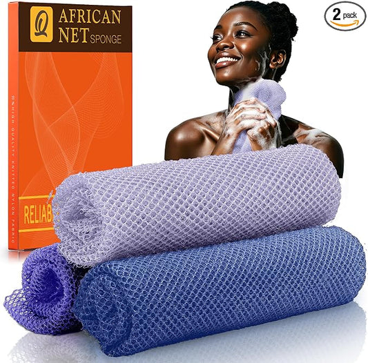 UJFQBH Authentic African Net Sponge 3 Pack, Exfoliating Body Scrubber for Gentle Daily Exfoliation, Deep Cleansing Back Scrubber for Hard to Reach Areas, Quick Drying Shower Essential Ocean Blue