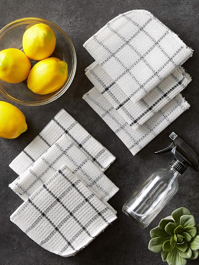 DII Scrubber Dishcloths Collection Windowpane Dishrag Set, 12x12, White/Black Stripe, 6 Piece