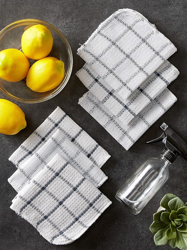 DII Scrubber Dishcloths Collection Windowpane Dishrag Set, 12x12, White/Nautical Blue Stripe, 6 Piece