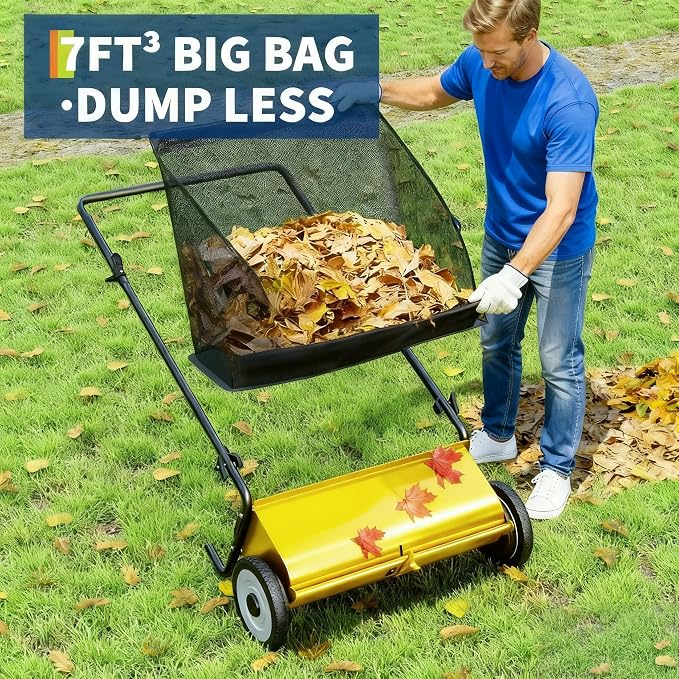 26-Inch Push Lawn Sweeper, Heavy Duty Stainless Steel Yard Sweeper with 4 Spinning Brushes, 7 Cu. ft. Large Capacity Hopper Bag, Adjustable Brush Height, Rubber Wheels for Leaves Grass Clippings