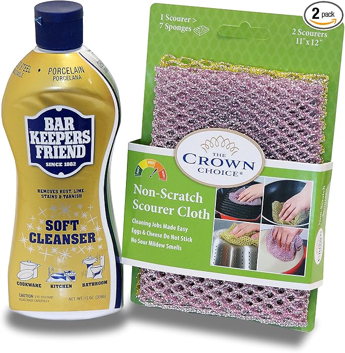 BAR KEEPERS FRIEND Soft Cleanser Liquid (13 OZ) and Non Scratch Scouring Scrubber Kit | Multipurpose, Stainless Steel, Rust, Soft Cleaner with Heavy Duty Non Scratch DishCloth