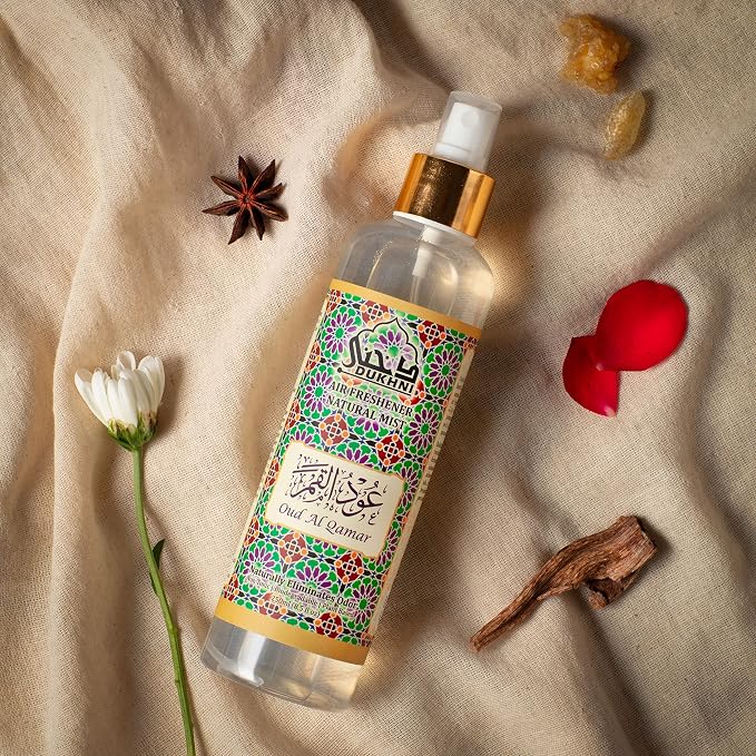 Oud Al Qamar Floral Spray by Dukhni | 250ml Oud Air Freshener for Home | Floral Oud Fabric Spray for Home, Prayer Mats, Bed, Linen, Sofa, Curtain, Car | Oud Room Freshener, Odour Eliminator