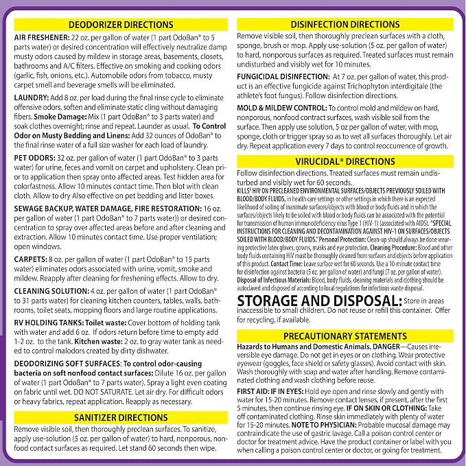 OdoBan Disinfectant Concentrate and Odor Eliminator, Made in the USA, Lavender Scent, 4 Gallons