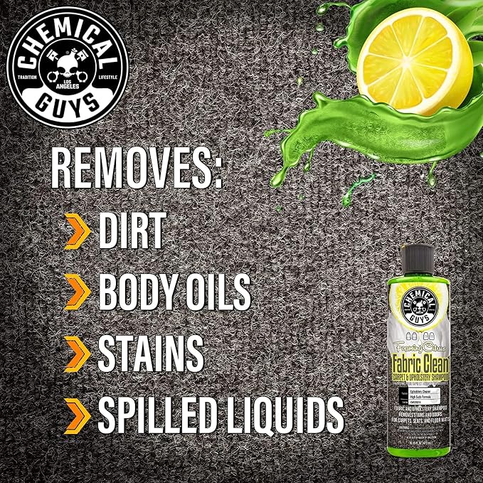 Chemical Guys, Citrus Foaming Fabric & Carpet Cleaner Drill Brush, 16 oz | Lifts coffee, food and pet stains and odors from carpet, mats and upholstery, drill brush agitates, citrus scent