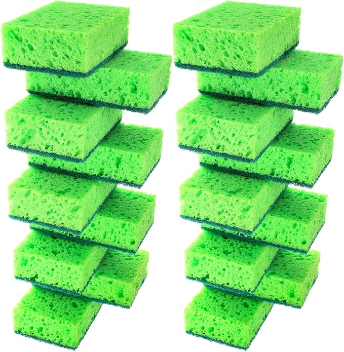 Green Multi Use Scrub Sponge. Made in Europe. 18 Pk, 4.3x2.8x1.4 inches. Odorless Heavy Duty and Non Scratch Fiber. Thick, Durable and Delicate Scrubber for Pans, Bowls, Jars, Sink, Floor