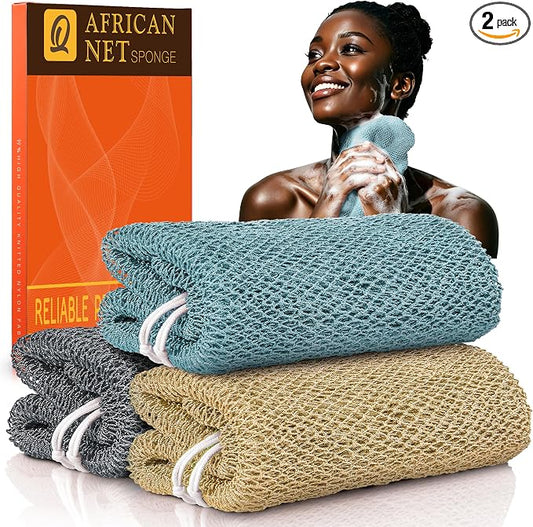 UJFQBH African Net Sponge Authenti, Exfoliating Body Scrubber for Back and Hard to Reach Areas, Gentle Daily Exfoliation for Deep Cleansing, Quick Drying Shower Essential, Aqua Grey 3 Pack