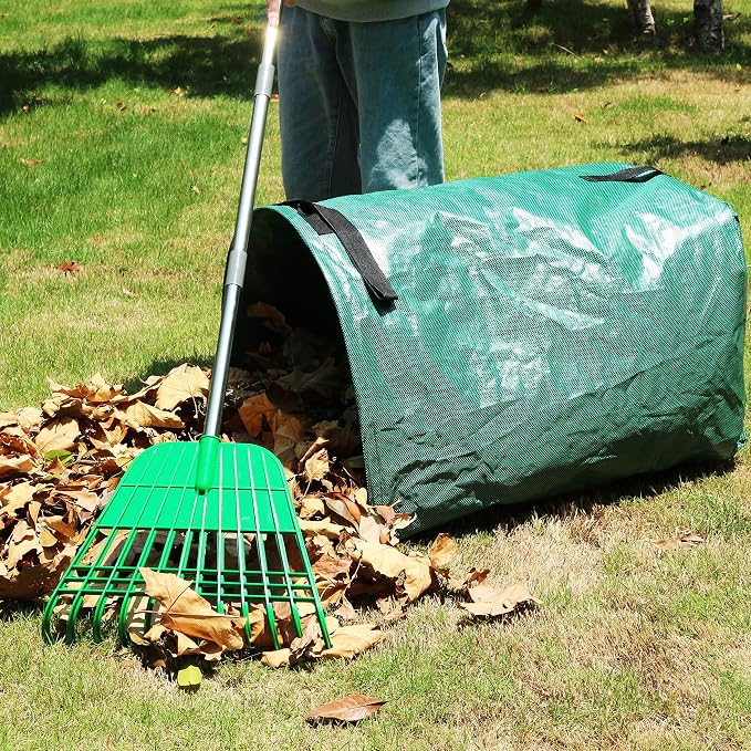 Gardzen 12 Tines Gardening Leaf Rake | Lightweight Steel Handle, Detachable, Ideal Camp Rake, Comes with Dustpan-Type Garden Bag