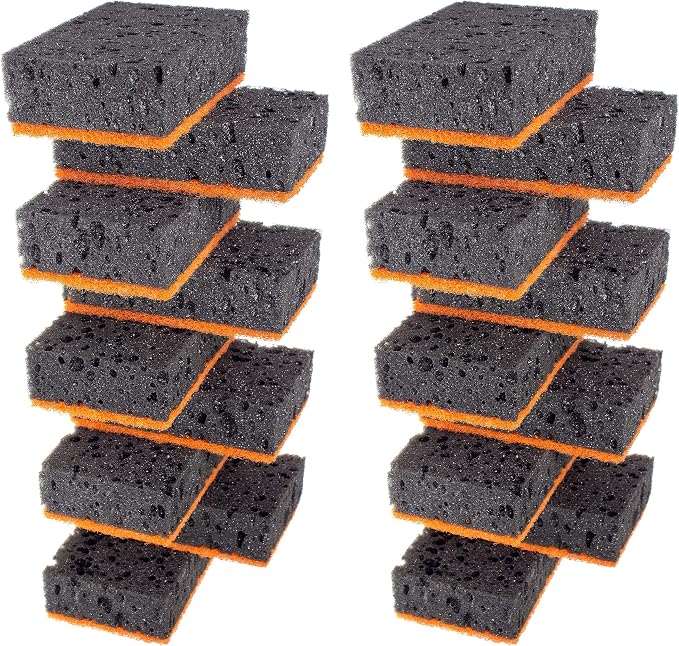 Black & Orange Multi Use Scrub Sponges. Made in Europe. 18 Pack, 4.3x2.8x1.4 inches. Heavy Duty and Non Scratch Fiber. Odorless Durable and Delicate Halloween Holiday Sponges
