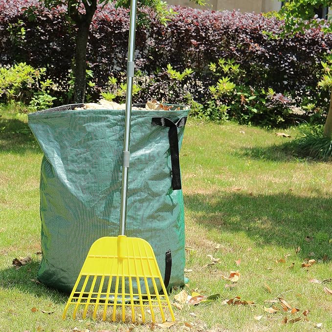 Gardzen 12 Tines Gardening Leaf Rake | Lightweight Steel Handle, Detachable, Ideal Camp Rake, Comes with Dustpan-Type Garden Bag - Yellow
