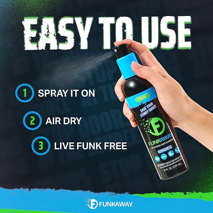 FunkAway Shoe & Gym Odor Eliminator Deodorizer Spray for Sneakers, 8 oz | Shoe deodorizer odor eliminator spray helps remove smells from shoes, skates, work boots, and hard-to-clean gear fast.