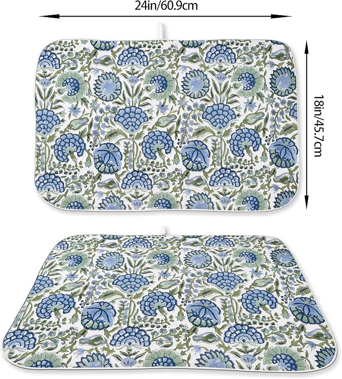 Blue Sage Green Floral Dish Drying Mats 18x24 Inch Sage Green Block Print Flower Holiday Kitchen Decor Absorbent Drying Pad Rack Drainer Mats for Kitchen Dining Room Counter