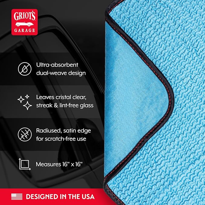 Griot's Garage PFM Crinkle Glass Towels for Car Detailing, Streak-Free Cleaning for Windows, Windshield, Mirrors, and More, 16" x 16", 55583, Set of 3
