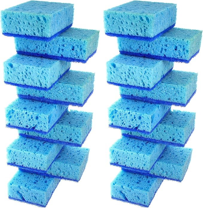Blue Multi Use Scrub Sponge. Made in Europe. 18 Pack, 4.3x2.8x1.4 inches. Heavy Duty and Non Scratch Fiber. Odorless, Durable. Delicate Scouring Surface