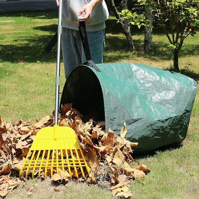 Gardzen 12 Tines Gardening Leaf Rake | Lightweight Steel Handle, Detachable, Ideal Camp Rake, Comes with Dustpan-Type Garden Bag - Yellow