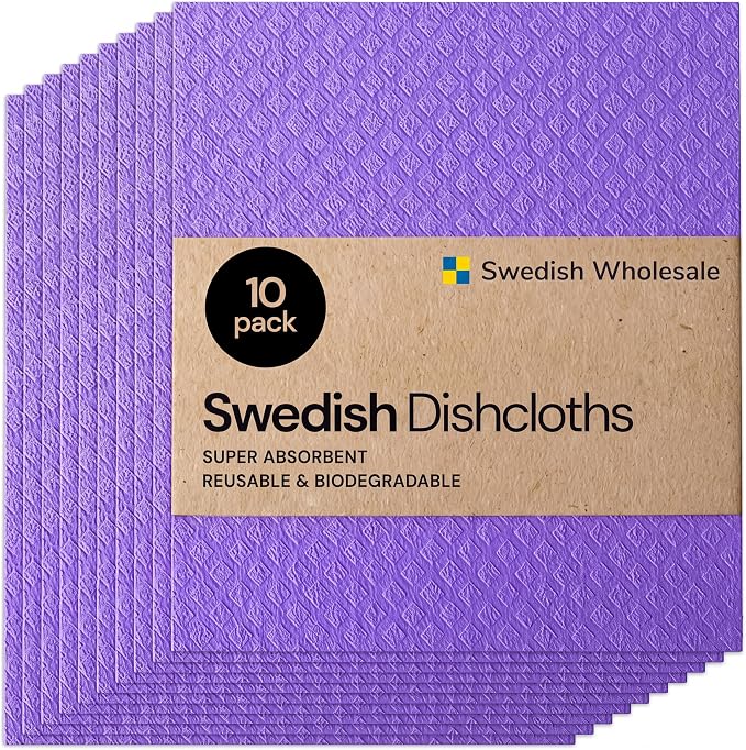 Swedish Wholesale Dishcloths Reusable 8" x 7" Sponge Cloths, Bulk 10 Pack of High Absorbent Cellulose Dish & Kitchen Cleaning Hand Towels, Wring to Dry & Machine Wash, Odor Resistant, Purple