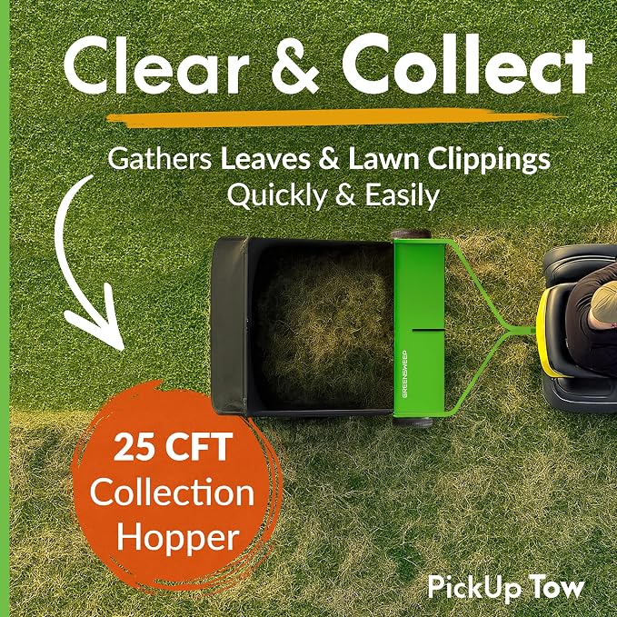 GreenSweep Pickup Tow 42-Inch Lawn Sweeper – Tow-Behind Leaf Collector for Ride-On Mowers – Adjustable Brush Height – Large Grass Catcher Hopper – Garden Debris Sweeper Attachment
