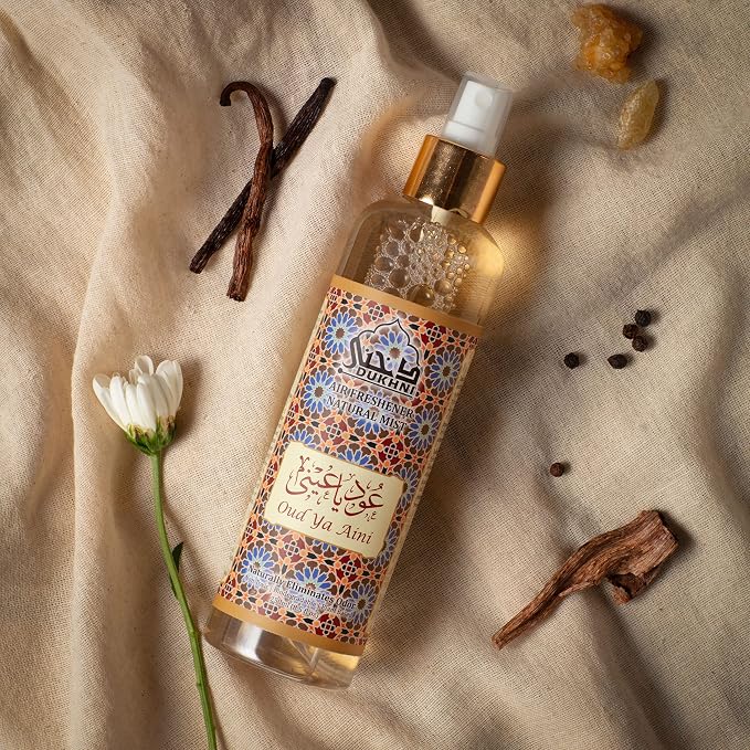 Oud Ya Aini Saffron Spray by Dukhni | 250ml Arabic Oud Air Freshener | Saffron & Oud Linen Spray for Home, Prayer Mats, Bed, Sofa, Living Room, Curtain, Car | Room Freshener, Odour Eliminator