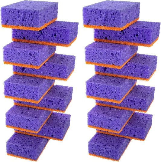 Purple and Orange Multi Use Scrub Sponges. Made in Europe. 18 Pack, 4.3x2.8x1.4 inches. Heavy Duty & Non Scratch Fiber. Odorless, Durable, Delicate, Rinse Clean Violet Scrubber